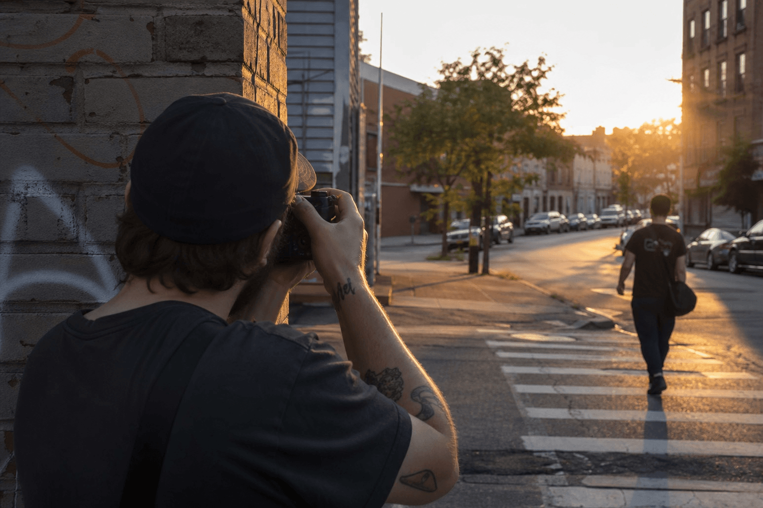 Maya photographing street life at golden hour