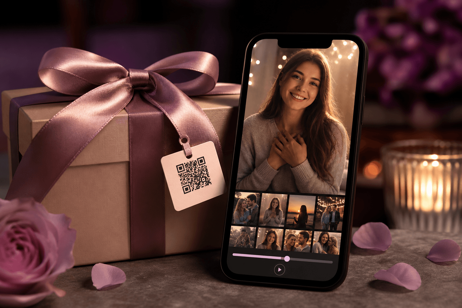 Gift box with QR tag and personal message on a phone