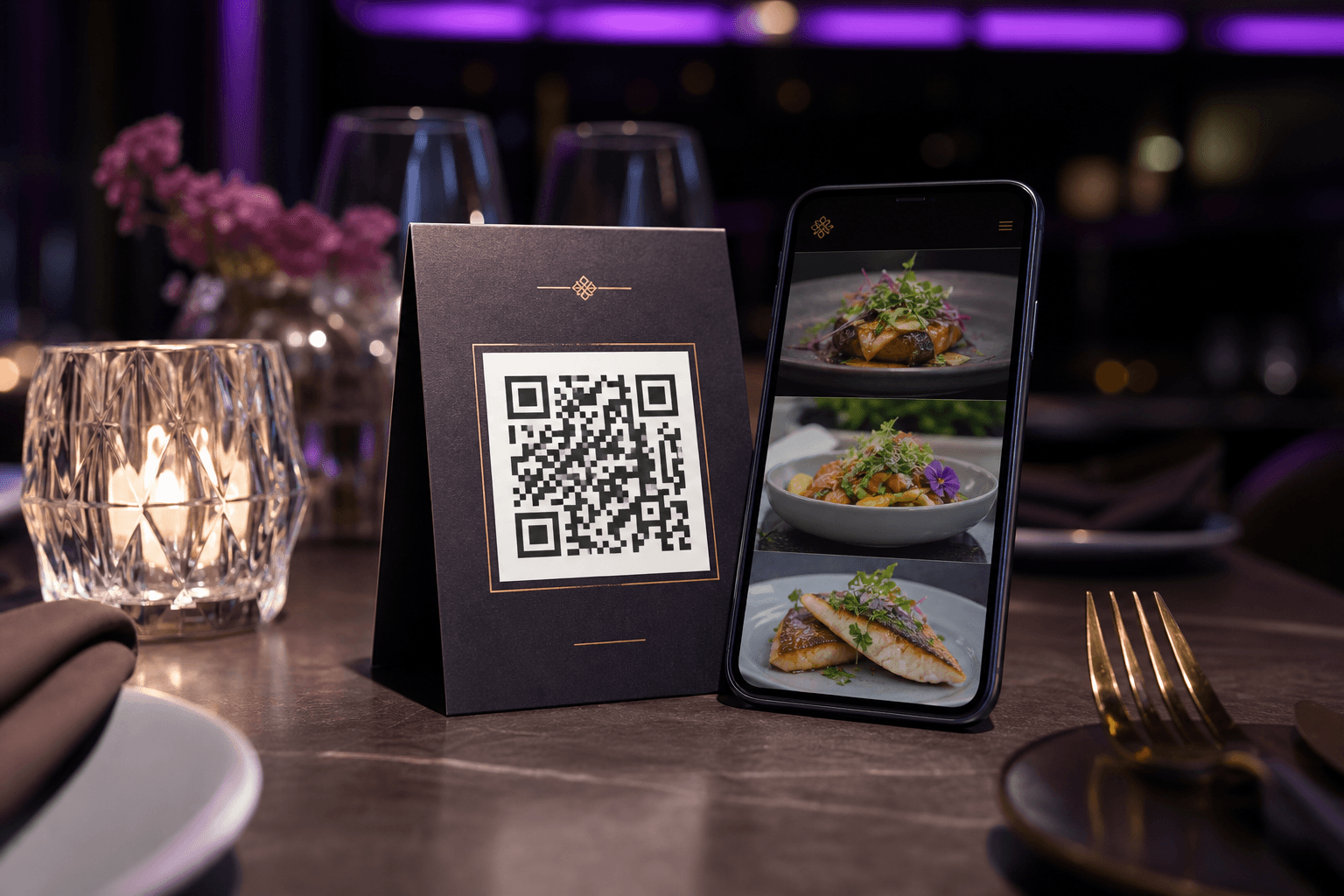 Restaurant table tent with QR code and mobile menu on a phone
