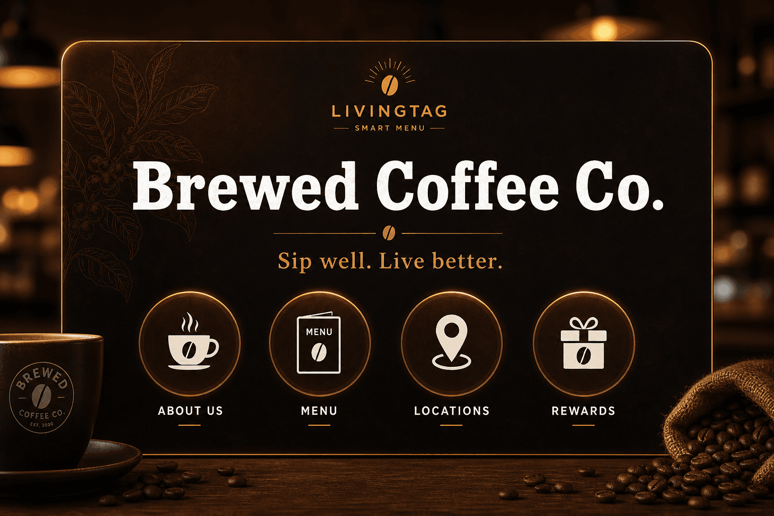 Brewed Coffee Co. business LivingTag with menu and location links