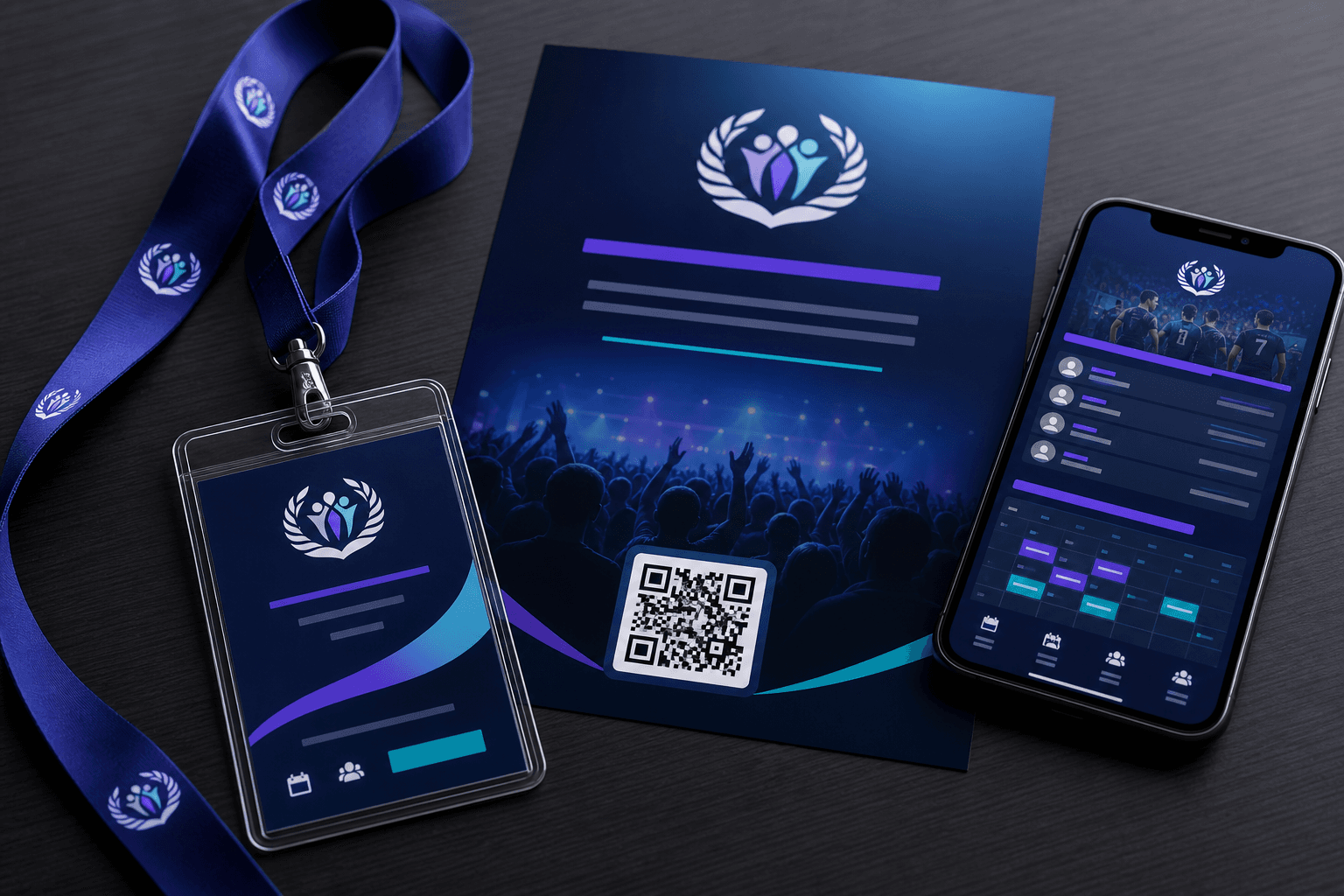 School event badge with QR code and team page on a phone