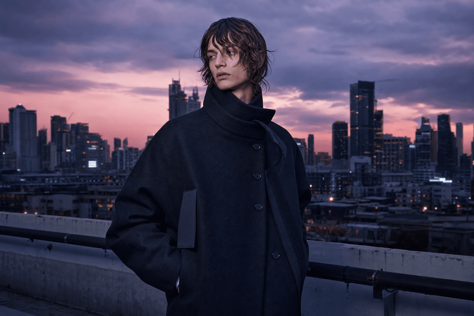 Editorial fashion coat with wearable identity on a rooftop