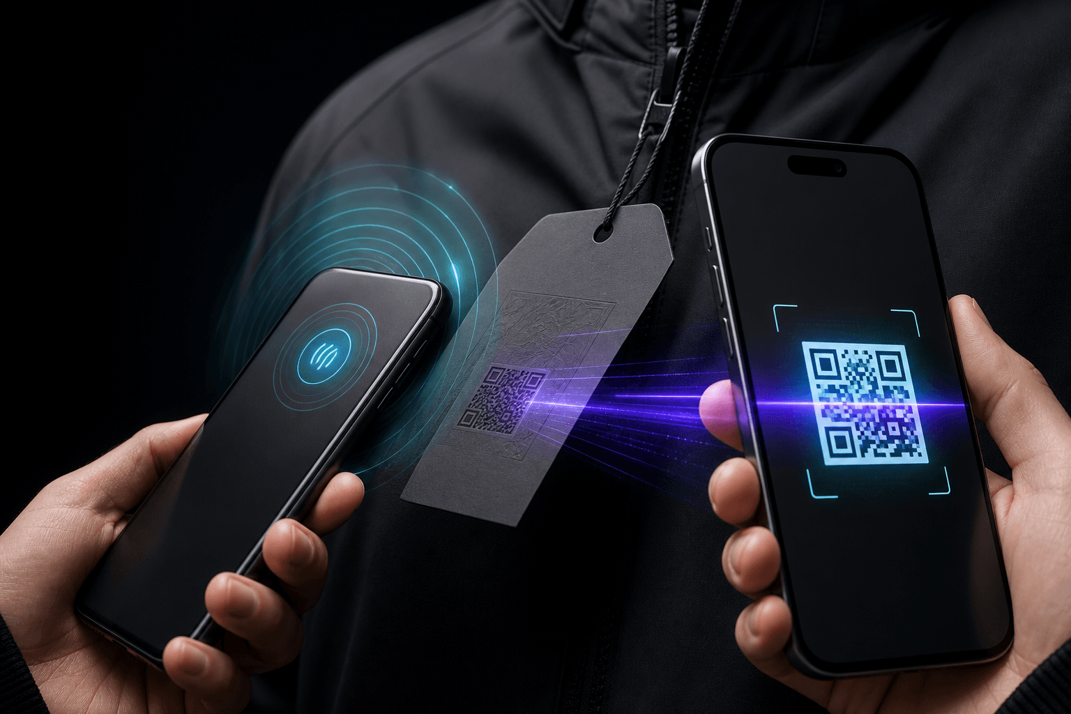 Phone tapping NFC and scanning QR on a jacket tag