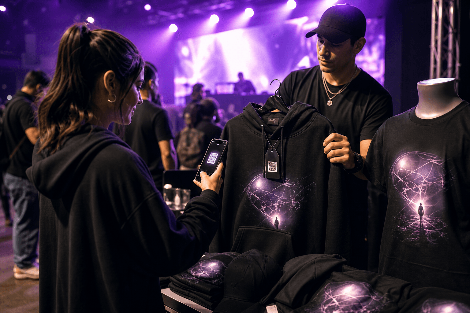 Fan scanning tour hoodie merch with a phone