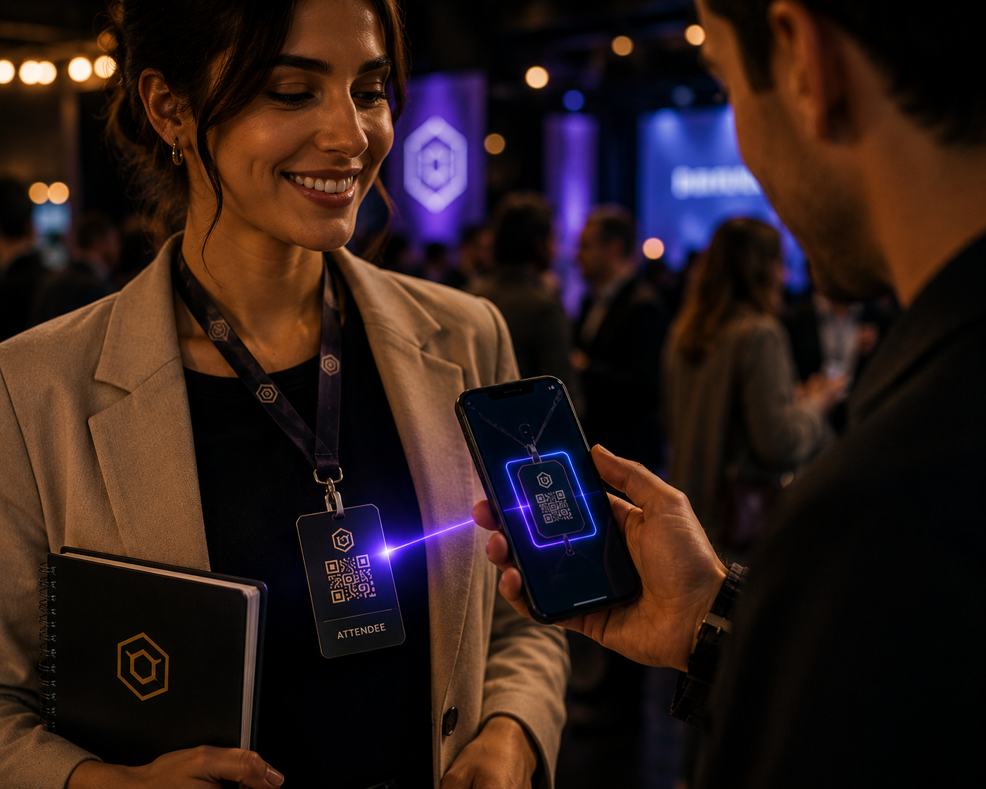 Event badge with LivingTag being scanned at a networking event