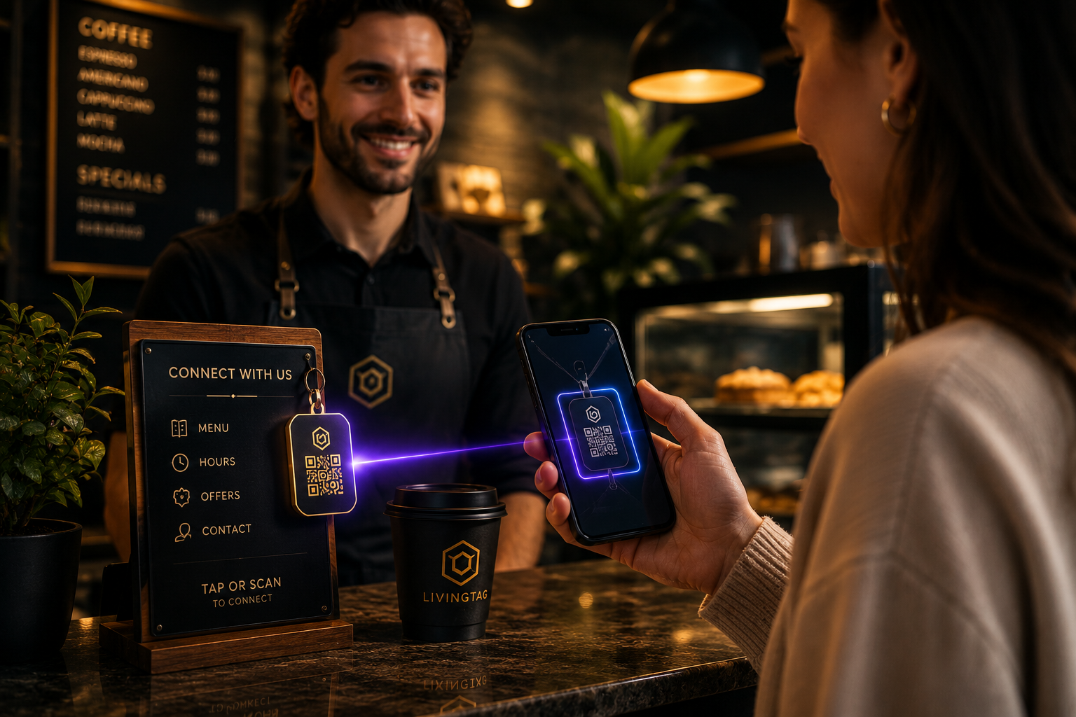 Customer scanning a LivingTag business card at a coffee shop