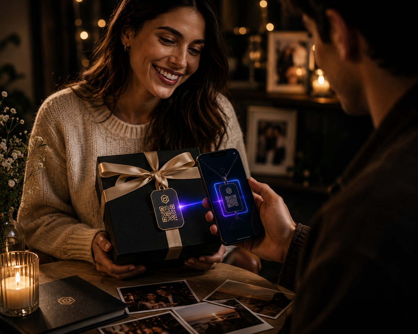 Gift box with a LivingTag being scanned by smartphone