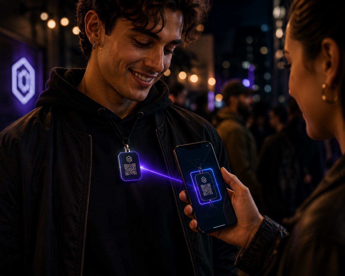 Person wearing a LivingTag pendant on clothing at a night event