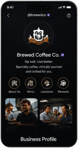 LivingTag business profile for Brewed Coffee Co. on a phone