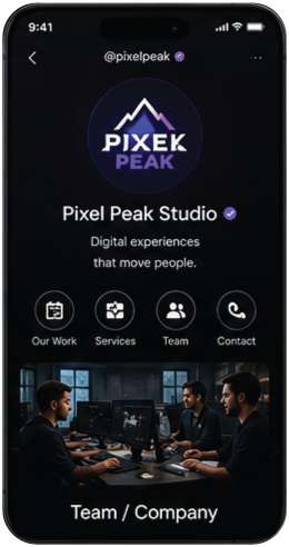 LivingTag company profile for Pixel Peak Studio on a phone